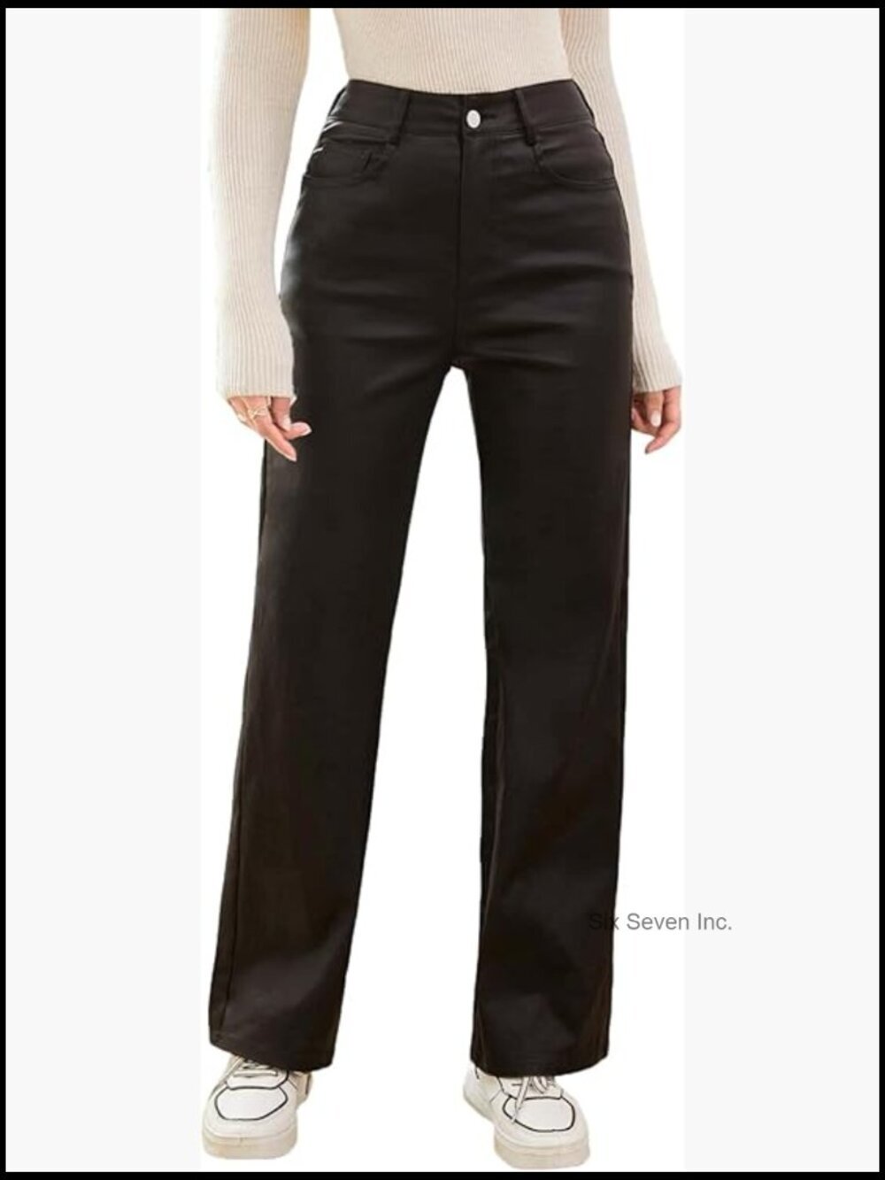 High Waist Straight Leg Jeans with Pockets Faux Leather Look Pants